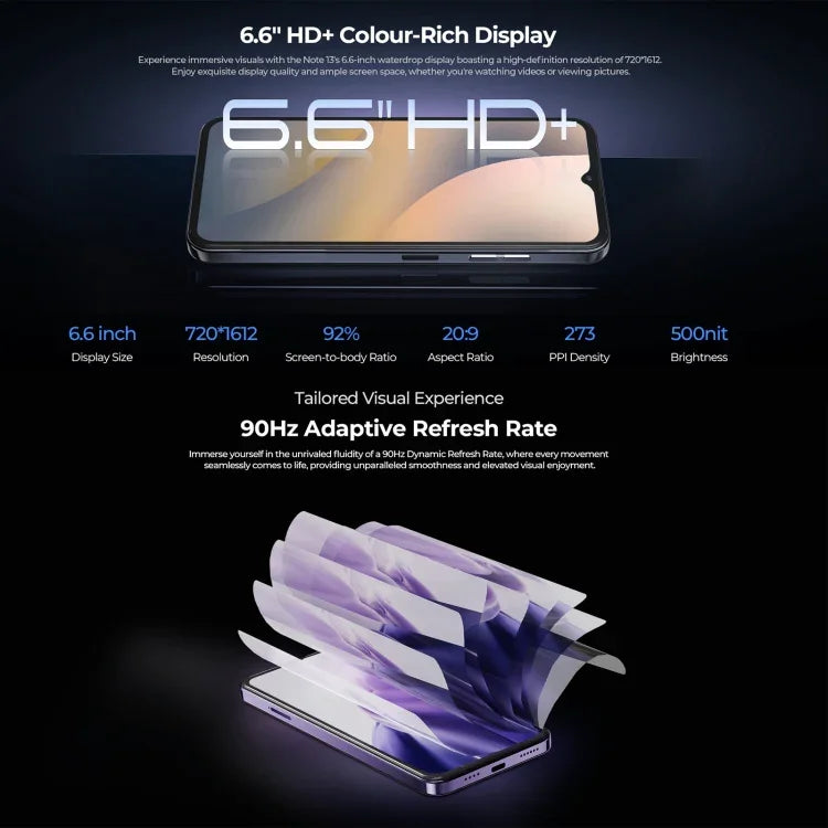 HOTWAV Note 13, Identificação lateral por impressão digital, 6,6 polegadas Android 13 T606 Octa Core até 1,6GHz, Rede: 4G, OTG, 4GB+128GB
