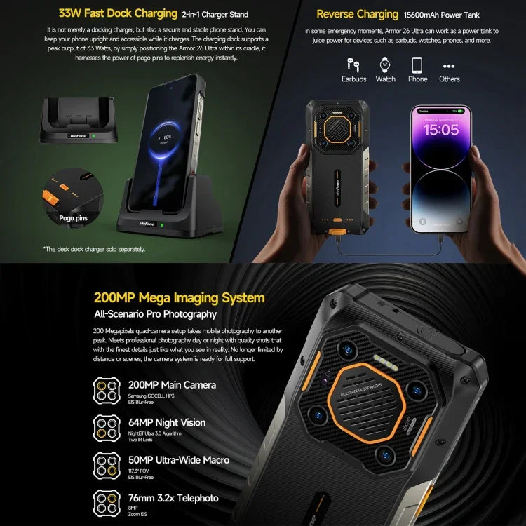 Ulefone Armor 26 Ultra Telefone Rugged, 6,78 polegadas Android 13 MediaTek Dimensity 8020 Octa Core, Rede: 5G, NFC, 12GB+512GB