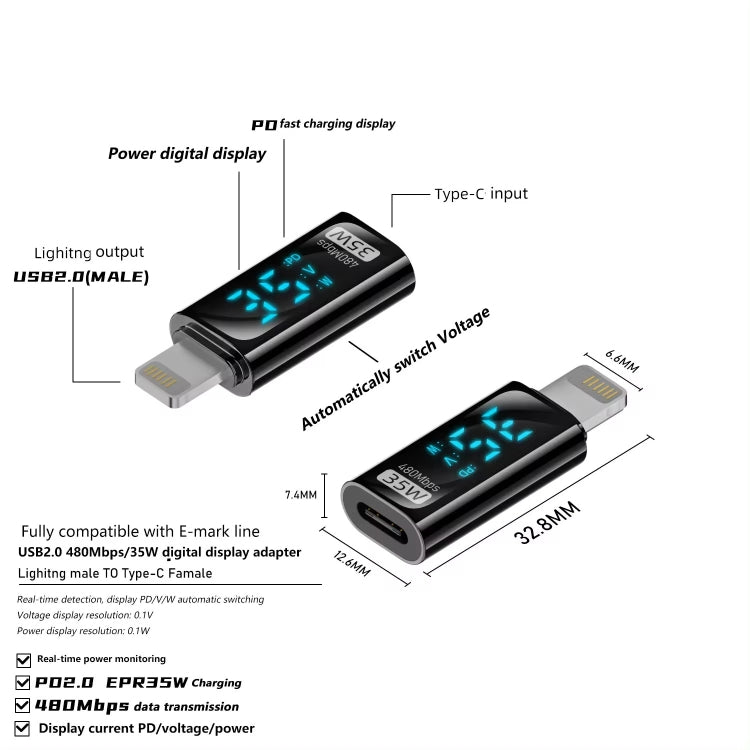 Adaptador de carregamento com ecrã digital, macho 8 pinos para fêmea Tipo-C 35W, macho Tipo-C para fêmea 8 pinos 35W, macho Tipo-C para fêmea Tipo-C 140W