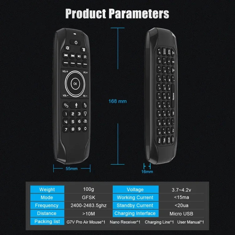 Teclado Sem Fios G7V Pro 2.4GHz Fly Air Mouse com Retroiluminação LED, Comando com Giroscópio para Android TV Box / PC, Suporta Voz Inteligente