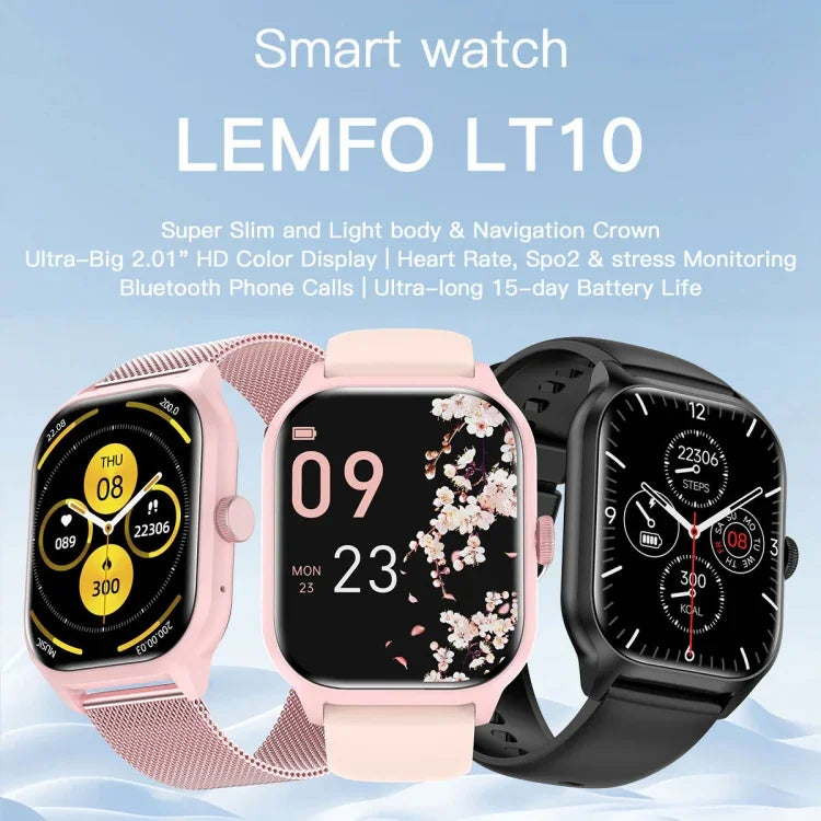 Relógio Inteligente LEMFO LT10 Ecrã TFT de 2,01 polegadas Suporta Chamadas Bluetooth / Monitorização de Saúde, Correia de Aço, Correia de Silicone