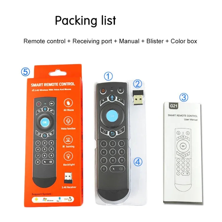 Teclado Sem Fios G21 2.4GHz Fly Air Mouse com Retroiluminação LED, Comando com Giroscópio para Android TV Box / PC, Suporta Voz Inteligente, Azul