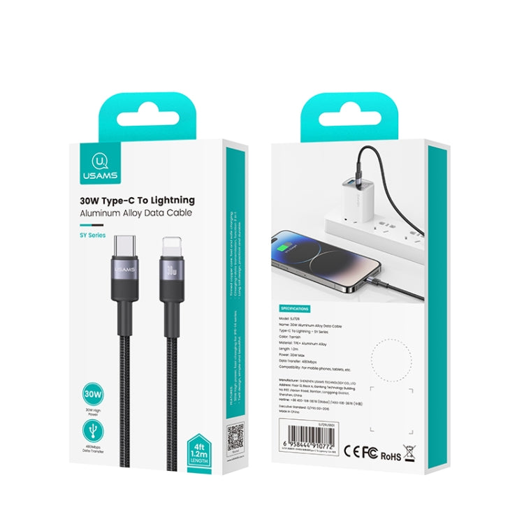 USAMS SJ729 Cabo de Dados de Liga de Alumínio 30W USB-C/Type-C para 8 Pinos, Comprimento: 1,2m, SJ729