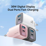 USAMS CC229 Carregador GaN de 30W USB+USB-C / Tipo-C Porta Dupla com Ecrã Digital, Especificações: Ficha UE, CC229