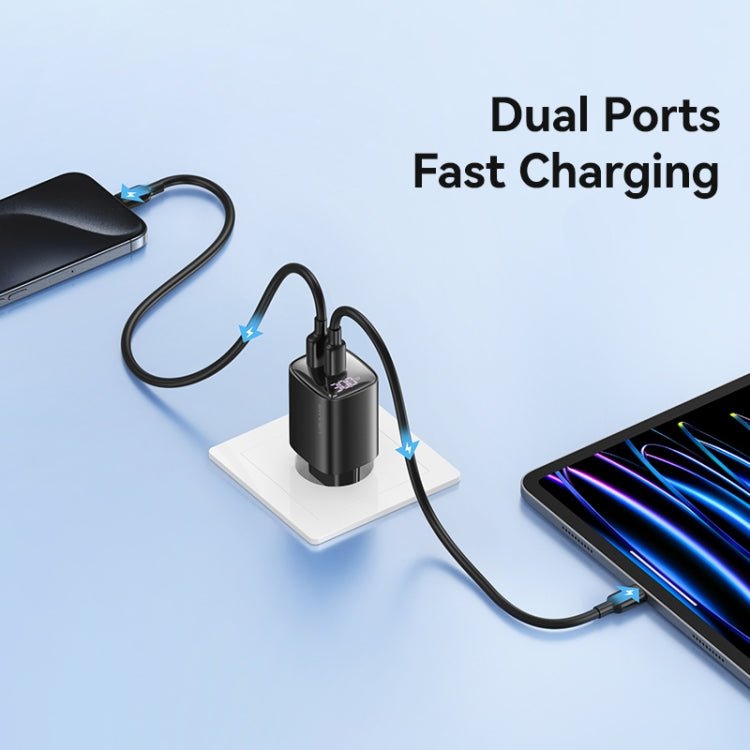 USAMS CC229 Carregador GaN de 30W USB+USB-C / Tipo-C Porta Dupla com Ecrã Digital, Especificações: Ficha UE, CC229