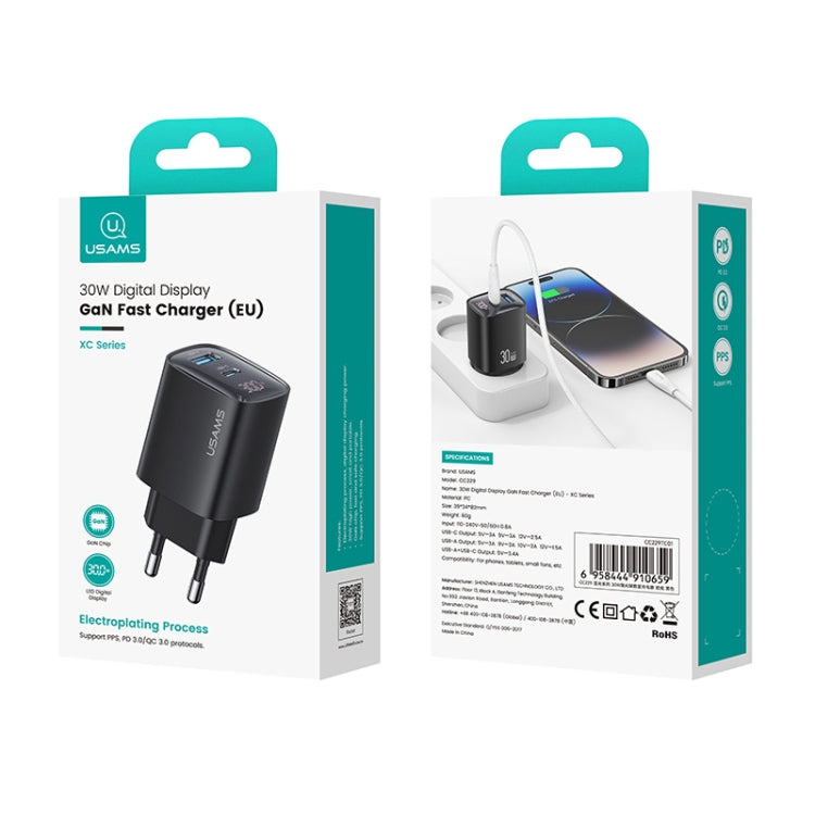 USAMS CC229 Carregador GaN de 30W USB+USB-C / Tipo-C Porta Dupla com Ecrã Digital, Especificações: Ficha UE, CC229