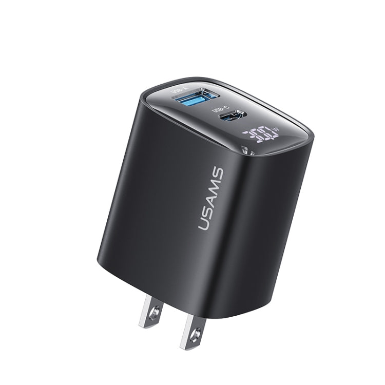 USAMS CC230 Carregador GaN de 30W USB+USB-C / Tipo-C Porta Dupla com Ecrã Digital, Especificações: Ficha EUA, CC230