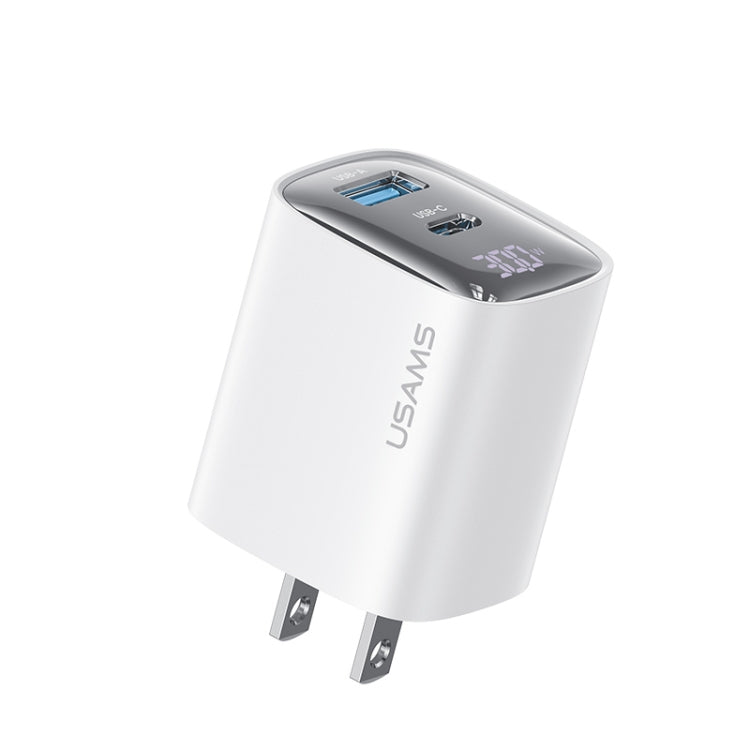 USAMS CC230 Carregador GaN de 30W USB+USB-C / Tipo-C Porta Dupla com Ecrã Digital, Especificações: Ficha EUA, CC230