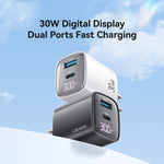 USAMS CC230 Carregador GaN de 30W USB+USB-C / Tipo-C Porta Dupla com Ecrã Digital, Especificações: Ficha EUA, CC230