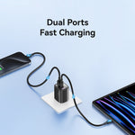 USAMS CC230 Carregador GaN de 30W USB+USB-C / Tipo-C Porta Dupla com Ecrã Digital, Especificações: Ficha EUA, CC230
