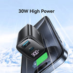 USAMS CC230 Carregador GaN de 30W USB+USB-C / Tipo-C Porta Dupla com Ecrã Digital, Especificações: Ficha EUA, CC230
