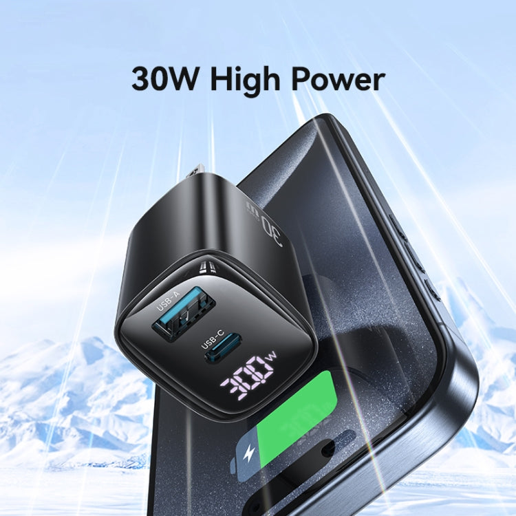 USAMS CC230 Carregador GaN de 30W USB+USB-C / Tipo-C Porta Dupla com Ecrã Digital, Especificações: Ficha EUA, CC230