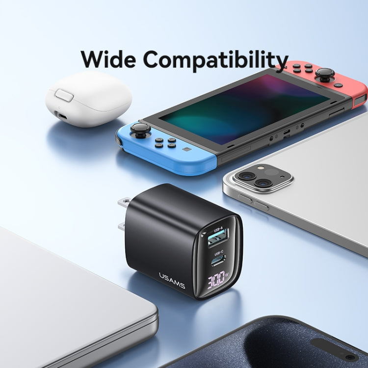 USAMS CC230 Carregador GaN de 30W USB+USB-C / Tipo-C Porta Dupla com Ecrã Digital, Especificações: Ficha EUA, CC230