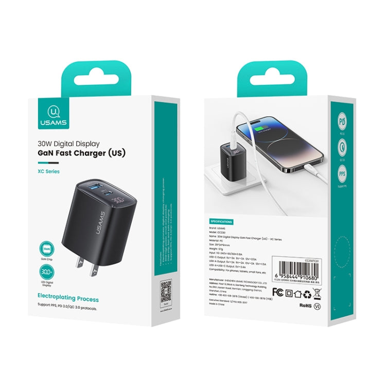 USAMS CC230 Carregador GaN de 30W USB+USB-C / Tipo-C Porta Dupla com Ecrã Digital, Especificações: Ficha EUA, CC230