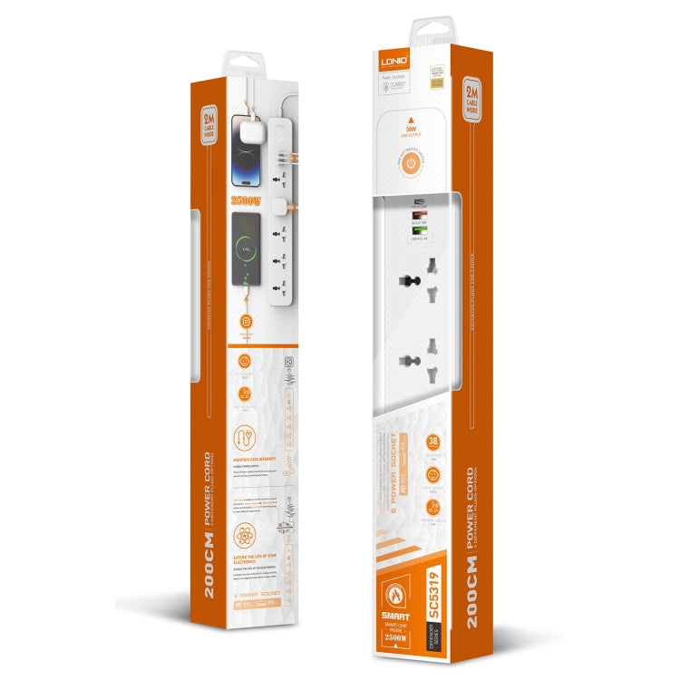 Tomada de Viagem para Casa e Escritório LDNIO SC5319 com 5 Posições e Portas USB 38W, Comprimento do Cabo: 2m, Plugue EU, Plugue UK, Plugue US