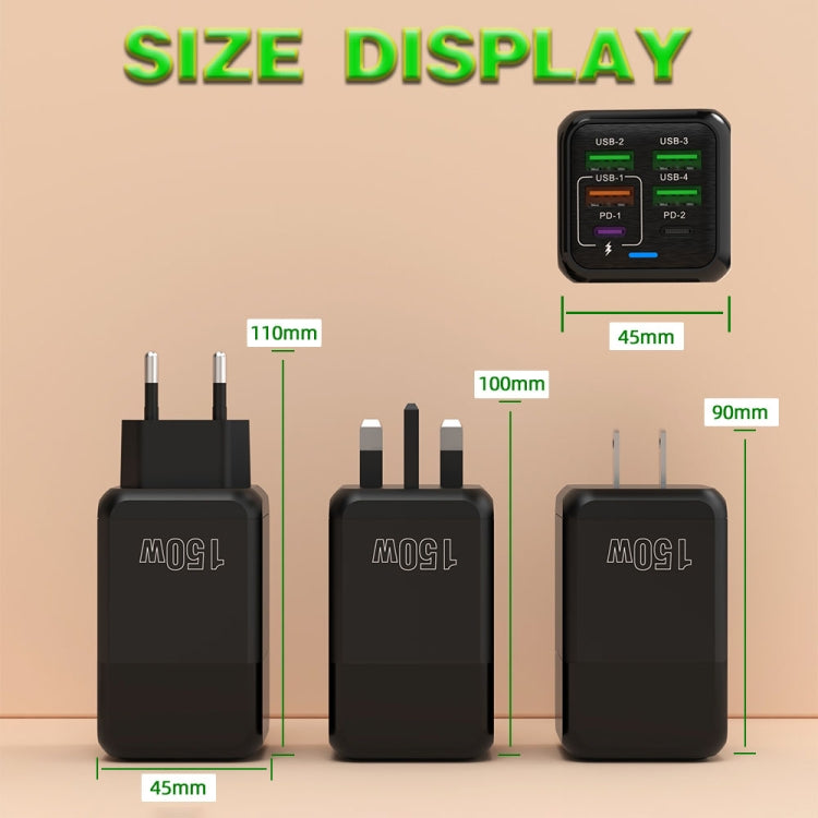 Carregador Rápido Multiporta 150W 4 x USB + 2 x USB-C / Tipo-C, Ficha UE, Ficha EUA, Ficha UK
