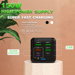 Carregador Rápido Multiporta 150W 4 x USB + 2 x USB-C / Tipo-C, Ficha UE, Ficha EUA, Ficha UK
