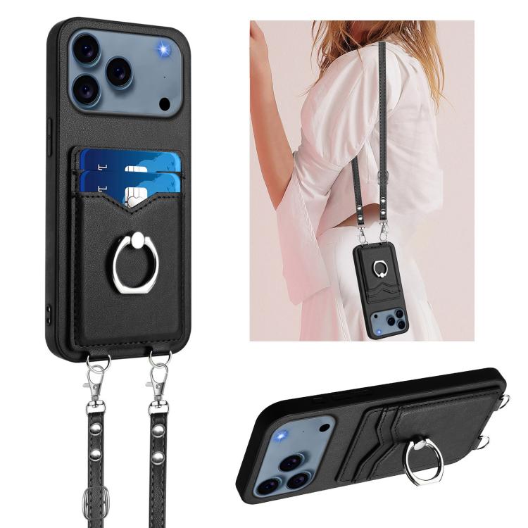 Capa para Telemóvel com Suporte de Anel Porta-Cartões R20 com Cordão Transversal, Para iPhone 17 Pro Max, Para iPhone 17 Pro, Para iPhone 17, Para iPhone Air, Para iPhone 15 Pro Max, Para iPhone 15 Pro, Para iPhone 15 Plus, Para iPhone 15