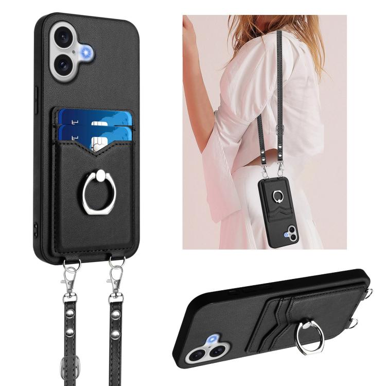 Capa para Telemóvel com Suporte de Anel Porta-Cartões R20 com Cordão Transversal, Para iPhone 17 Pro Max, Para iPhone 17 Pro, Para iPhone 17, Para iPhone Air, Para iPhone 15 Pro Max, Para iPhone 15 Pro, Para iPhone 15 Plus, Para iPhone 15