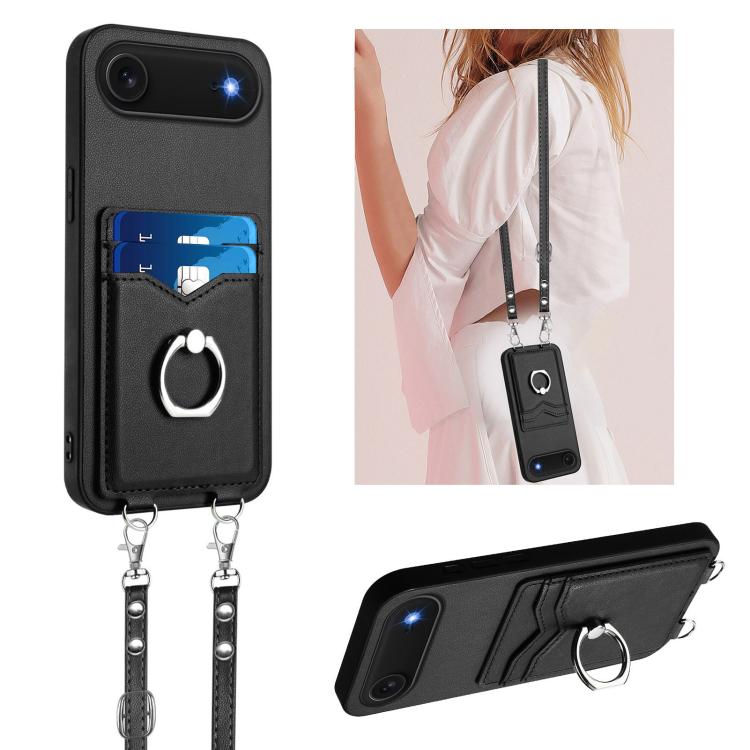 Capa para Telemóvel com Suporte de Anel Porta-Cartões R20 com Cordão Transversal, Para iPhone 17 Pro Max, Para iPhone 17 Pro, Para iPhone 17, Para iPhone Air, Para iPhone 15 Pro Max, Para iPhone 15 Pro, Para iPhone 15 Plus, Para iPhone 15