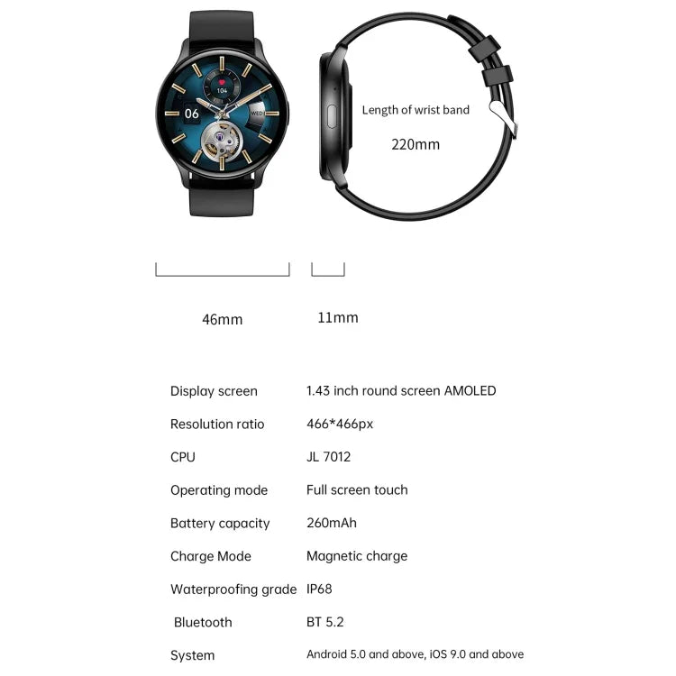HK89 Smartwatch Desportivo 1,43 polegadas BT5.0 IP67, Suporta Chamadas Bluetooth / Notificações de Mensagens / Monitorização de Frequência Cardíaca / Pressão Arterial