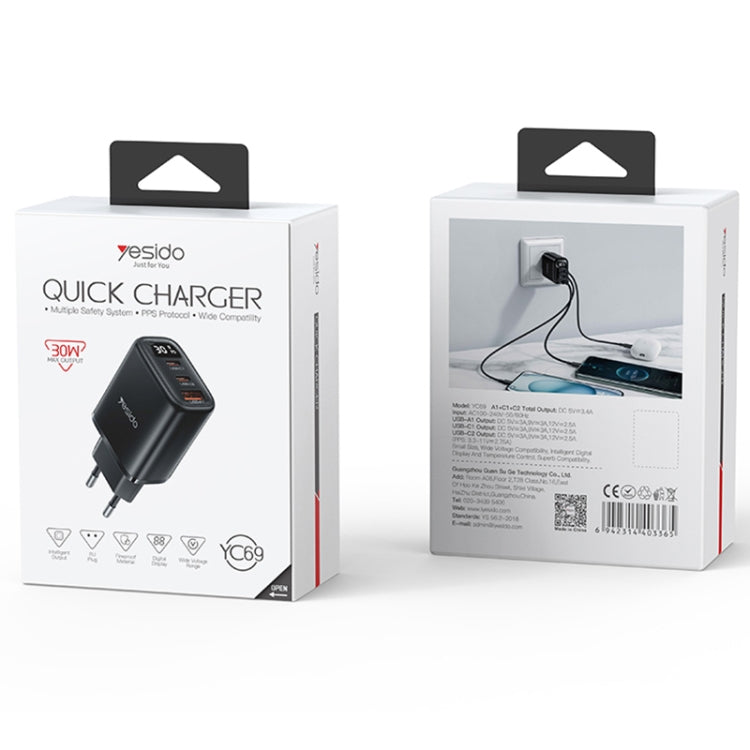 Yesido YC69 Carregador Digital USB 30W + Duplo USB-C / Type-C, Especificação: Ficha UE, YC69