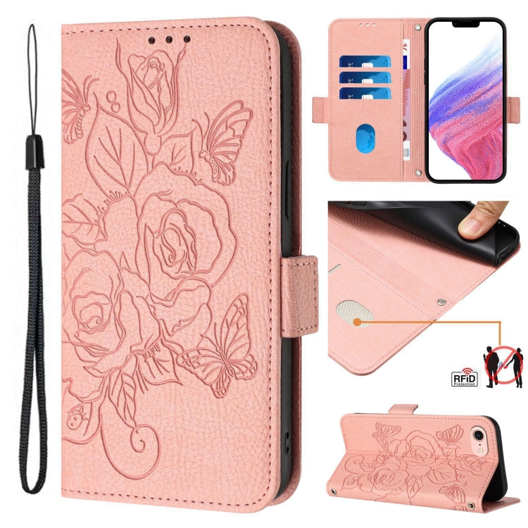 Embossed Rose RFID Anti-theft Leather Phone Case, For iPhone 14 Pro Max, For iPhone SE 2022 / SE 2020 / 8 / 7, For iPhone 13 Pro Max, For iPhone 13 Pro, For iPhone 13 mini, For iPhone 12  / 12 Pro, For iPhone 12 Pro Max, For iPhone 12 mini