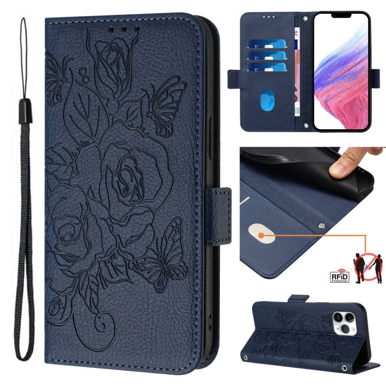 Capa de telemóvel em pele com relevo de rosa e proteção RFID anti-roubo, Para iPhone 11 Pro Max, Para iPhone 11, Para iPhone 11 Pro, Para iPhone XS / X, Para iPhone XR, Para iPhone XS Max, Para iPhone 8 Plus / 7 Plus