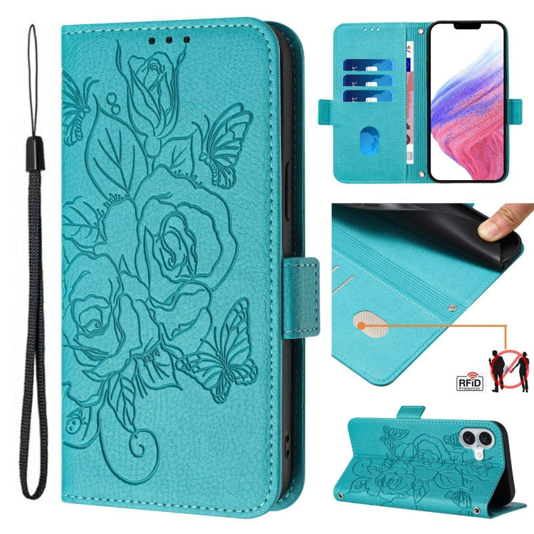 Capa para telemóvel em pele anti-roubo RFID com rosa em relevo, Para iPhone 17 Pro Max, Para iPhone 17 Pro, Para iPhone 17, Para iPhone Air, Para iPhone SE 2024, Para iPhone 16 Pro Max, Para iPhone 16 Pro, Para iPhone 16 Plus