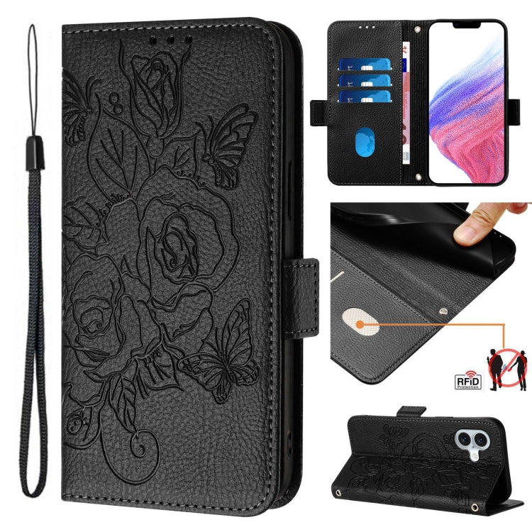 Capa para telemóvel em pele anti-roubo RFID com rosa em relevo, Para iPhone 17 Pro Max, Para iPhone 17 Pro, Para iPhone 17, Para iPhone Air, Para iPhone SE 2024, Para iPhone 16 Pro Max, Para iPhone 16 Pro, Para iPhone 16 Plus