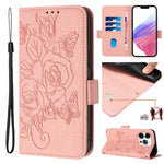 Capa para telemóvel em pele anti-roubo RFID com rosa em relevo, Para iPhone 17 Pro Max, Para iPhone 17 Pro, Para iPhone 17, Para iPhone Air, Para iPhone SE 2024, Para iPhone 16 Pro Max, Para iPhone 16 Pro, Para iPhone 16 Plus