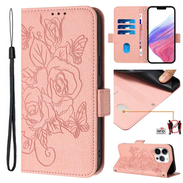 Capa para telemóvel em pele anti-roubo RFID com rosa em relevo, Para iPhone 17 Pro Max, Para iPhone 17 Pro, Para iPhone 17, Para iPhone Air, Para iPhone SE 2024, Para iPhone 16 Pro Max, Para iPhone 16 Pro, Para iPhone 16 Plus