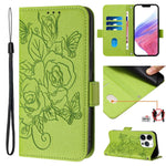 Capa para telemóvel em pele anti-roubo RFID com rosa em relevo, Para iPhone 17 Pro Max, Para iPhone 17 Pro, Para iPhone 17, Para iPhone Air, Para iPhone SE 2024, Para iPhone 16 Pro Max, Para iPhone 16 Pro, Para iPhone 16 Plus
