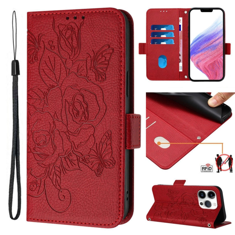 Capa para telemóvel em pele anti-roubo RFID com rosa em relevo, Para iPhone 17 Pro Max, Para iPhone 17 Pro, Para iPhone 17, Para iPhone Air, Para iPhone SE 2024, Para iPhone 16 Pro Max, Para iPhone 16 Pro, Para iPhone 16 Plus