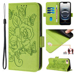 Capa para telemóvel em pele anti-roubo RFID com rosa em relevo, Para iPhone 17 Pro Max, Para iPhone 17 Pro, Para iPhone 17, Para iPhone Air, Para iPhone SE 2024, Para iPhone 16 Pro Max, Para iPhone 16 Pro, Para iPhone 16 Plus