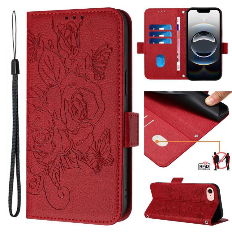 Capa para telemóvel em pele anti-roubo RFID com rosa em relevo, Para iPhone 17 Pro Max, Para iPhone 17 Pro, Para iPhone 17, Para iPhone Air, Para iPhone SE 2024, Para iPhone 16 Pro Max, Para iPhone 16 Pro, Para iPhone 16 Plus