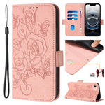 Capa para telemóvel em pele anti-roubo RFID com rosa em relevo, Para iPhone 17 Pro Max, Para iPhone 17 Pro, Para iPhone 17, Para iPhone Air, Para iPhone SE 2024, Para iPhone 16 Pro Max, Para iPhone 16 Pro, Para iPhone 16 Plus