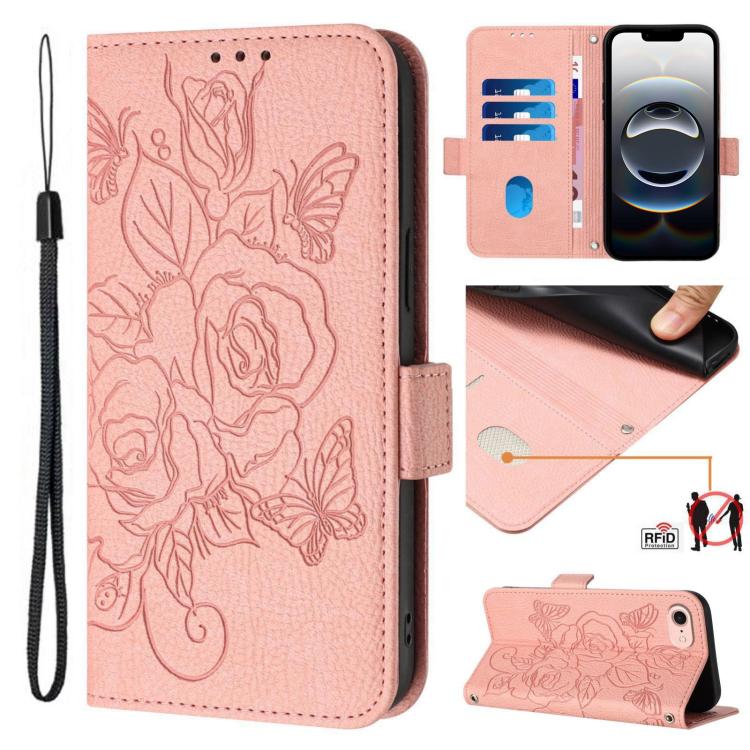 Capa para telemóvel em pele anti-roubo RFID com rosa em relevo, Para iPhone 17 Pro Max, Para iPhone 17 Pro, Para iPhone 17, Para iPhone Air, Para iPhone SE 2024, Para iPhone 16 Pro Max, Para iPhone 16 Pro, Para iPhone 16 Plus