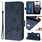 Capa para telemóvel em pele anti-roubo RFID com rosa em relevo, Para iPhone 17 Pro Max, Para iPhone 17 Pro, Para iPhone 17, Para iPhone Air, Para iPhone SE 2024, Para iPhone 16 Pro Max, Para iPhone 16 Pro, Para iPhone 16 Plus