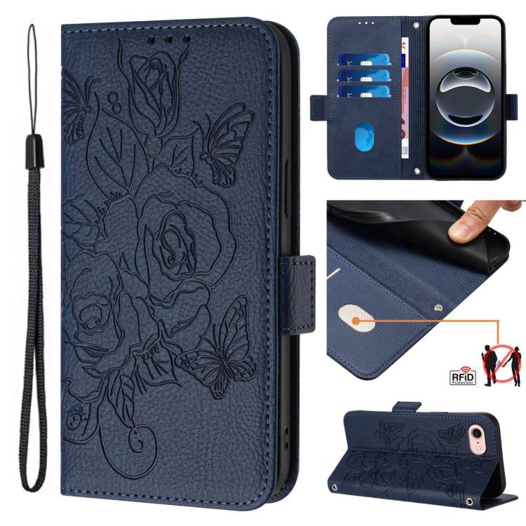 Capa para telemóvel em pele anti-roubo RFID com rosa em relevo, Para iPhone 17 Pro Max, Para iPhone 17 Pro, Para iPhone 17, Para iPhone Air, Para iPhone SE 2024, Para iPhone 16 Pro Max, Para iPhone 16 Pro, Para iPhone 16 Plus