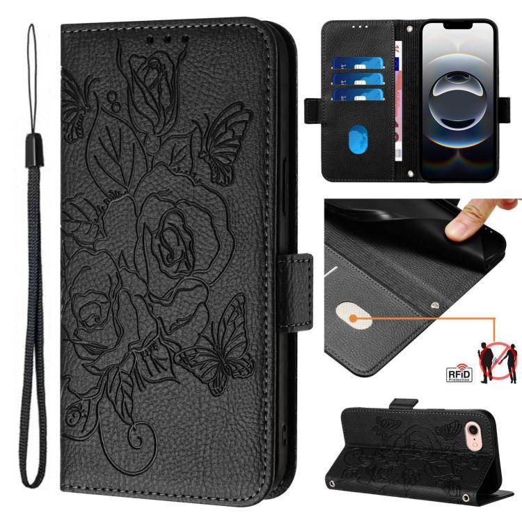 Capa para telemóvel em pele anti-roubo RFID com rosa em relevo, Para iPhone 17 Pro Max, Para iPhone 17 Pro, Para iPhone 17, Para iPhone Air, Para iPhone SE 2024, Para iPhone 16 Pro Max, Para iPhone 16 Pro, Para iPhone 16 Plus
