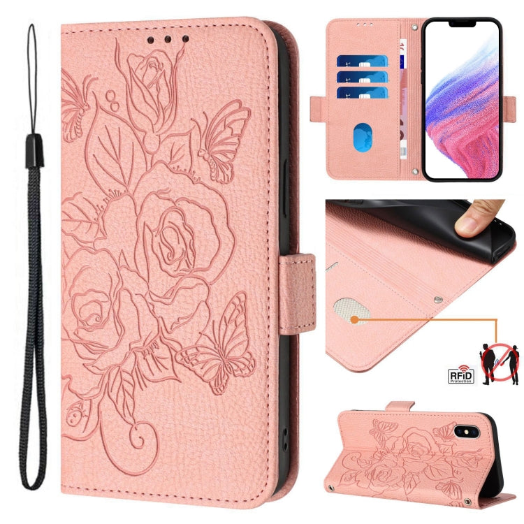 Capa de telemóvel em pele com relevo de rosa e proteção RFID anti-roubo, Para iPhone 11 Pro Max, Para iPhone 11, Para iPhone 11 Pro, Para iPhone XS / X, Para iPhone XR, Para iPhone XS Max, Para iPhone 8 Plus / 7 Plus