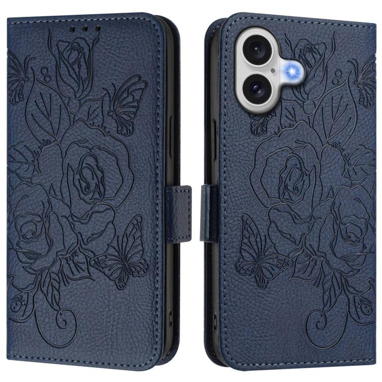 Capa para telemóvel em pele anti-roubo RFID com rosa em relevo, Para iPhone 17 Pro Max, Para iPhone 17 Pro, Para iPhone 17, Para iPhone Air, Para iPhone SE 2024, Para iPhone 16 Pro Max, Para iPhone 16 Pro, Para iPhone 16 Plus