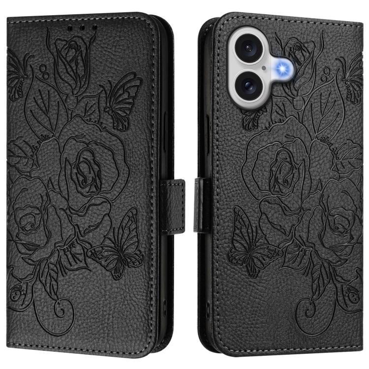 Capa para telemóvel em pele anti-roubo RFID com rosa em relevo, Para iPhone 17 Pro Max, Para iPhone 17 Pro, Para iPhone 17, Para iPhone Air, Para iPhone SE 2024, Para iPhone 16 Pro Max, Para iPhone 16 Pro, Para iPhone 16 Plus