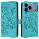 Capa para telemóvel em pele anti-roubo RFID com rosa em relevo, Para iPhone 17 Pro Max, Para iPhone 17 Pro, Para iPhone 17, Para iPhone Air, Para iPhone SE 2024, Para iPhone 16 Pro Max, Para iPhone 16 Pro, Para iPhone 16 Plus