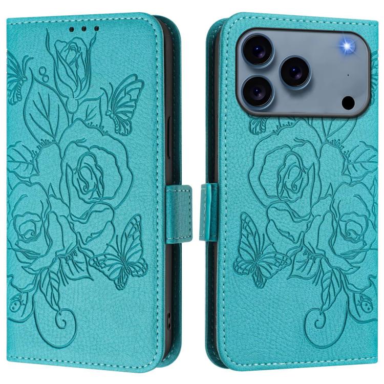 Capa para telemóvel em pele anti-roubo RFID com rosa em relevo, Para iPhone 17 Pro Max, Para iPhone 17 Pro, Para iPhone 17, Para iPhone Air, Para iPhone SE 2024, Para iPhone 16 Pro Max, Para iPhone 16 Pro, Para iPhone 16 Plus