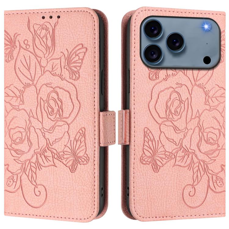Capa para telemóvel em pele anti-roubo RFID com rosa em relevo, Para iPhone 17 Pro Max, Para iPhone 17 Pro, Para iPhone 17, Para iPhone Air, Para iPhone SE 2024, Para iPhone 16 Pro Max, Para iPhone 16 Pro, Para iPhone 16 Plus