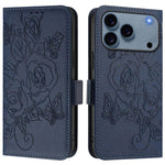 Capa para telemóvel em pele anti-roubo RFID com rosa em relevo, Para iPhone 17 Pro Max, Para iPhone 17 Pro, Para iPhone 17, Para iPhone Air, Para iPhone SE 2024, Para iPhone 16 Pro Max, Para iPhone 16 Pro, Para iPhone 16 Plus
