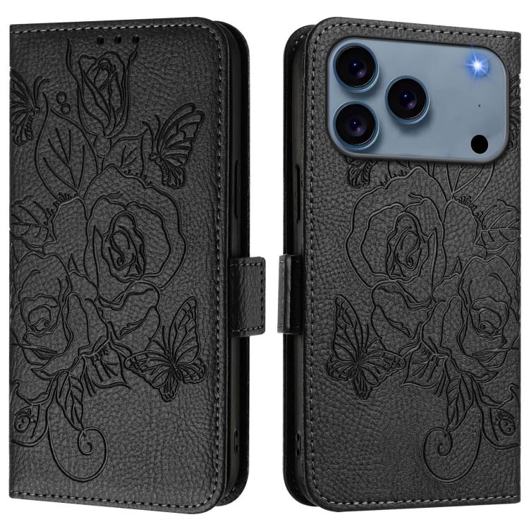 Capa para telemóvel em pele anti-roubo RFID com rosa em relevo, Para iPhone 17 Pro Max, Para iPhone 17 Pro, Para iPhone 17, Para iPhone Air, Para iPhone SE 2024, Para iPhone 16 Pro Max, Para iPhone 16 Pro, Para iPhone 16 Plus