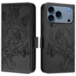 Capa para telemóvel em pele anti-roubo RFID com rosa em relevo, Para iPhone 17 Pro Max, Para iPhone 17 Pro, Para iPhone 17, Para iPhone Air, Para iPhone SE 2024, Para iPhone 16 Pro Max, Para iPhone 16 Pro, Para iPhone 16 Plus